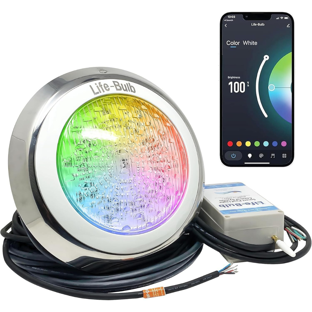 Foco LED inteligente Life-Bulb para piscinas, montaje en pared, cambio de color | Compatible con control remoto o aplicación para smartphone (iOS o Android) | Garantía de reemplazo de por vida | Cable de 23 m | Foco LED para piscinas enterradas