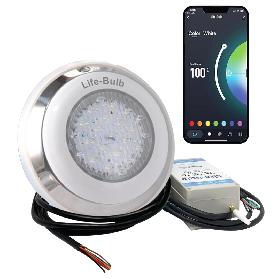Lámpara de pared inteligente Life-Bulb para spa con cambio de color LED | Compatible con control remoto o app para smartphone (iOS o Android) | Garantía de reemplazo de por vida | Cable de 23 m 