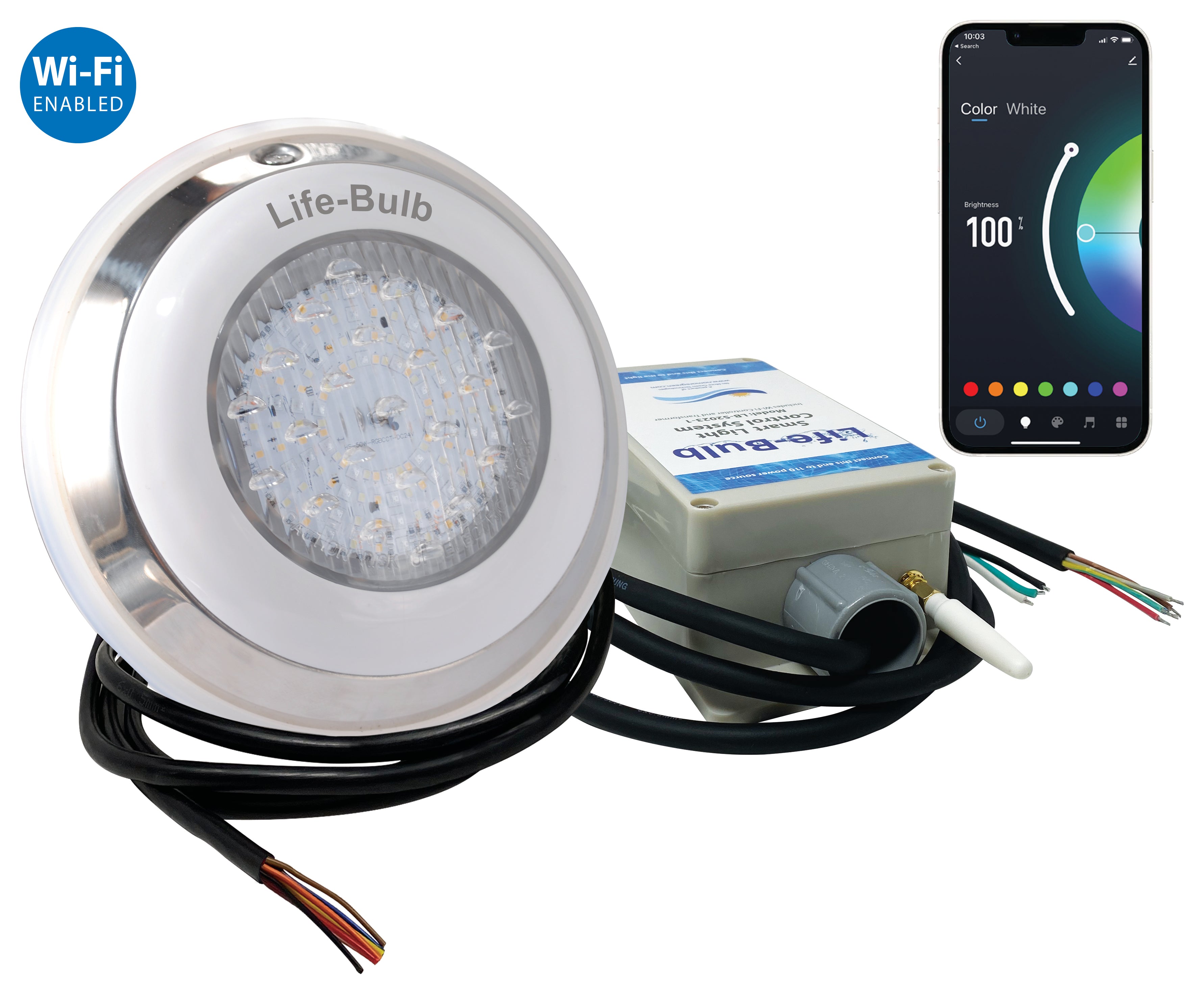 Life-Bulb Smart LED Color Changing Wall Mount Spa Light | Works with Remote or Smartphone App - iOS or Android | Lifetime Replacement Warranty | 75ft Cable