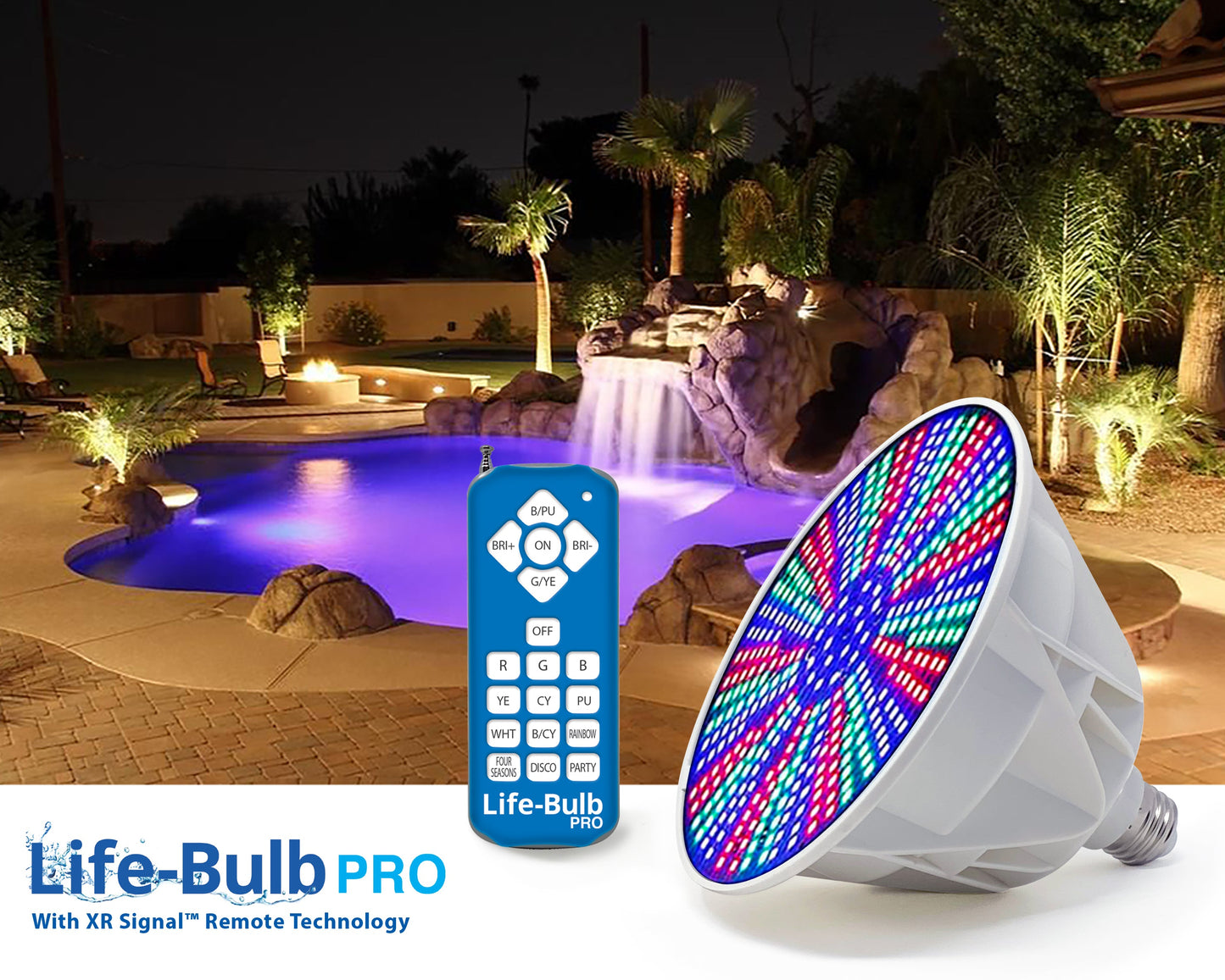 Life-Bulb PRO LED Color Pool Light Bulb with XR Signal™ Remote Technology for In Ground Pools | Lifetime Replacement Warranty | Fits Pentair, Hayward and Other E26 Screw in Fixtures | 12V 40W